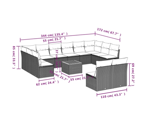 vidaXL 13-daļīgs dārza dīvāna komplekts ar matračiem, PE rotangpalma