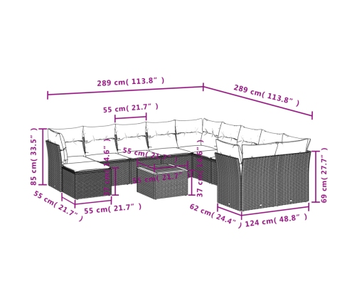 vidaXL 12-daļīgs dārza dīvānu komplekts, matrači, melna PE rotangpalma