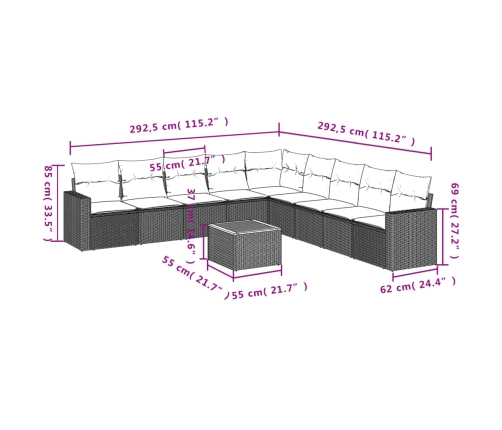 vidaXL 10-daļīgs dārza dīvāna komplekts, matrači, melna PE rotangpalma