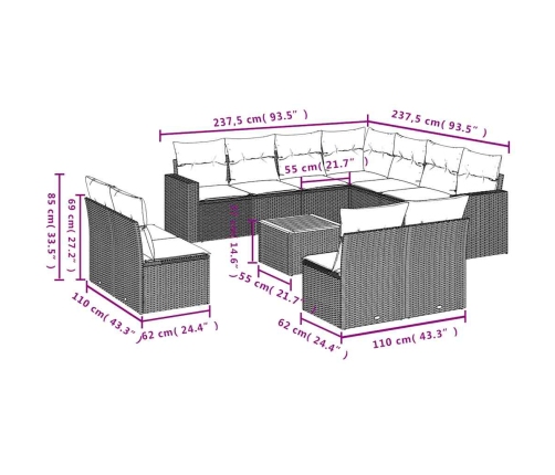 12-Daļīgs Dārza Dīvānu Komplekts Ar Matračiem, Pelēks Pe Vidaxl