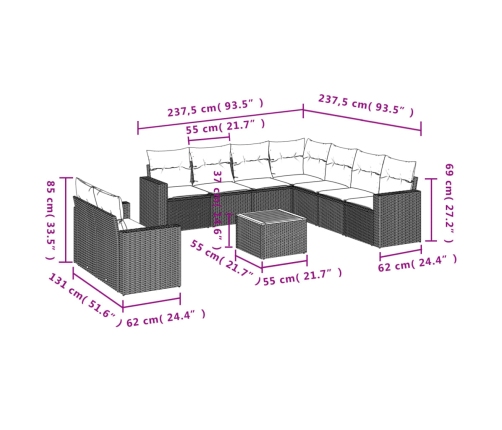 vidaXL 10-daļīgs dārza dīvāna komplekts, matrači, melna PE rotangpalma