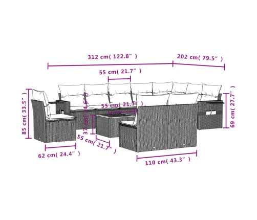 11-Daļīgs Dārza Dīvāna Komplekts Ar Matračiem, Pelēks Pe Pinums Vidaxl