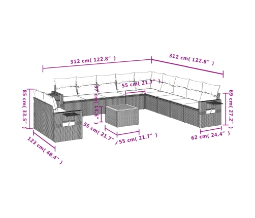 vidaXL 12-daļīgs dārza dīvānu komplekts, matrači, melna PE rotangpalma