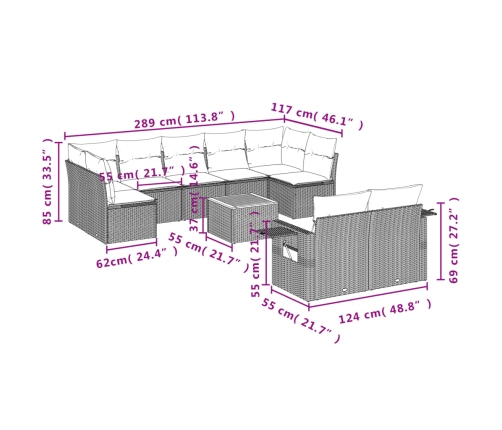 vidaXL 10-daļīgs dārza dīvāna komplekts, matrači, melna PE rotangpalma