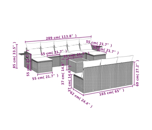 vidaXL 11-daļīgs dārza dīvāna komplekts, matrači, melna PE rotangpalma