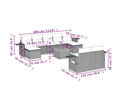 vidaXL 10-daļīgs dārza dīvāna komplekts, matrači, bēša PE rotangpalma