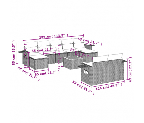 vidaXL 10-daļīgs dārza dīvāna komplekts, matrači, bēša PE rotangpalma