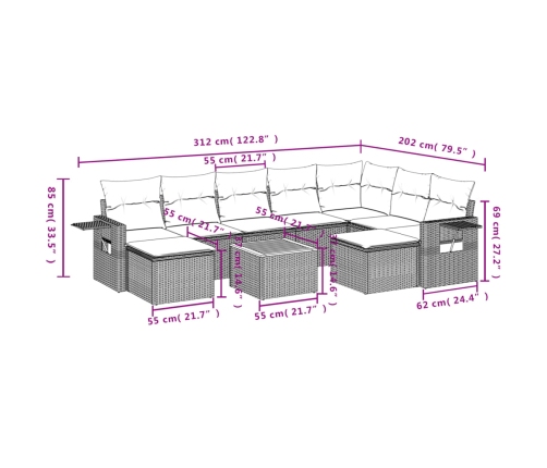 vidaXL 10-daļīgs dārza dīvāna komplekts, matrači, melna PE rotangpalma