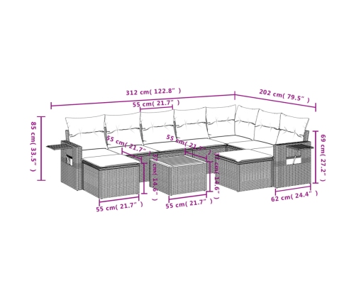 vidaXL 10-daļīgs dārza dīvāna komplekts, matrači, bēša PE rotangpalma