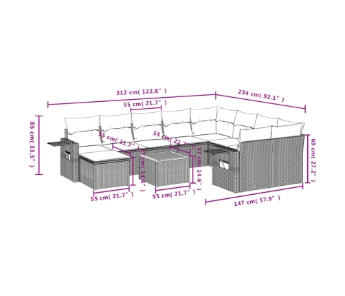 vidaXL 11-daļīgs dārza dīvāna komplekts, matrači, bēša PE rotangpalma