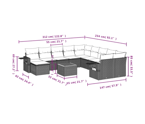 vidaXL 12-daļīgs dārza atpūtas mēbeļu komplekts, matrači, pelēks PE