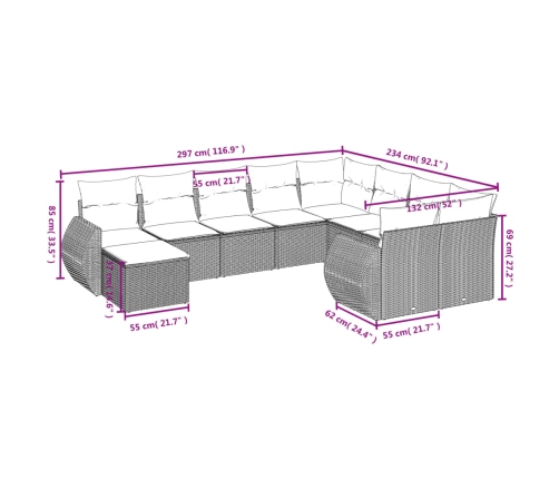 vidaXL 10-daļīgs dārza dīvāna komplekts ar matračiem, pelēks PE pinums
