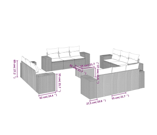vidaXL 13-daļīgs dārza dīvāna komplekts ar matračiem, PE rotangpalma