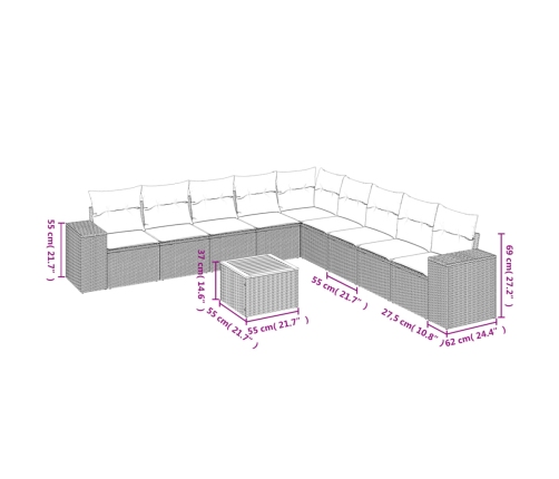 vidaXL 10-daļīgs dārza dīvāna komplekts, matrači, bēša PE rotangpalma
