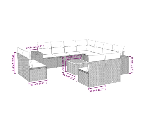 vidaXL 12-daļīgs dārza dīvāna komplekts, matrači, bēša PE rotangpalma