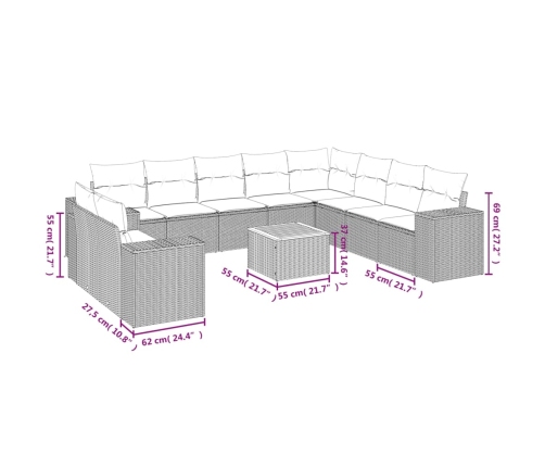 vidaXL 11-daļīgs dārza dīvāna komplekts, matrači, bēša PE rotangpalma