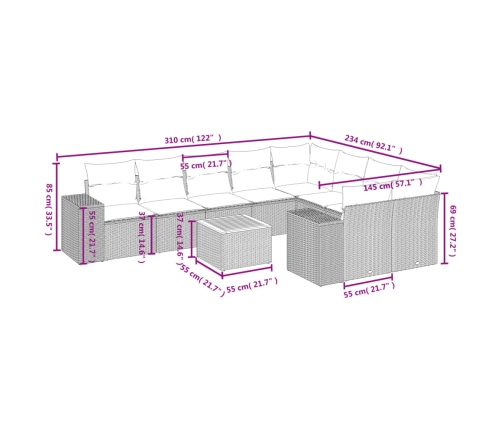 vidaXL 10-daļīgs dārza dīvāna komplekts, matrači, bēša PE rotangpalma