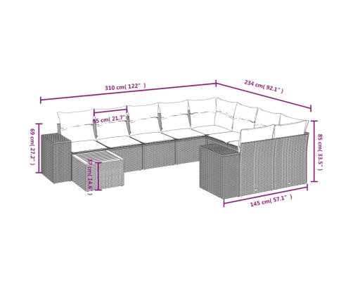 vidaXL 10-daļīgs dārza dīvāna komplekts, matrači, melna PE rotangpalma