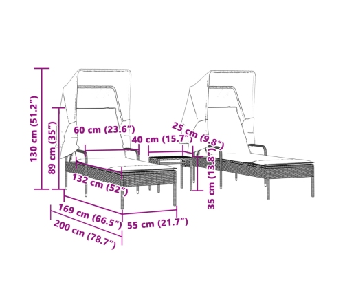 vidaXL sauļošanās zviļņi 2 gab., ar jumtiņiem un galdu, PE rotangpalma