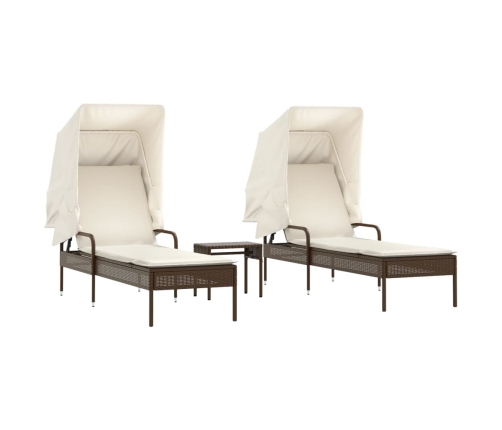 vidaXL sauļošanās zviļņi 2 gab., ar jumtiņiem un galdu, PE rotangpalma