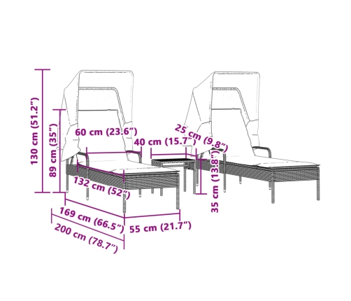 vidaXL sauļošanās zviļņi 2 gab., ar jumtiņiem un galdu, PE rotangpalma