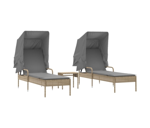 vidaXL sauļošanās zviļņi 2 gab., ar jumtiņiem un galdu, PE rotangpalma