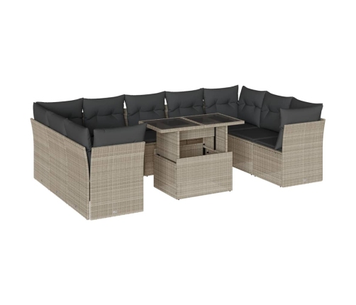 vidaXL 10-daļīgs dārza dīvāna komplekts ar matračiem, pelēka PE pinums