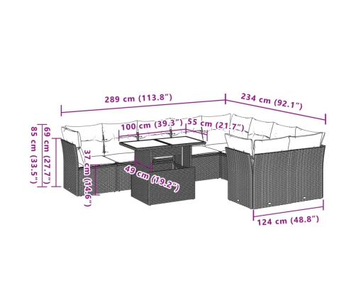 vidaXL 10-daļīgs dārza dīvāna komplekts, matrači, melna PE rotangpalma