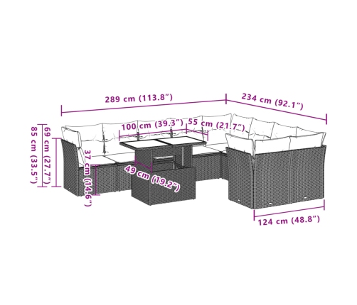 vidaXL 10-daļīgs dārza dīvāna komplekts ar matračiem, pelēks PE pinums