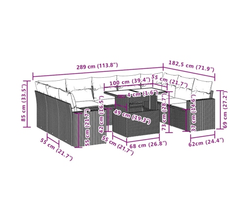 vidaXL 10-daļīgs dārza dīvāna komplekts, matrači, bēša PE rotangpalma