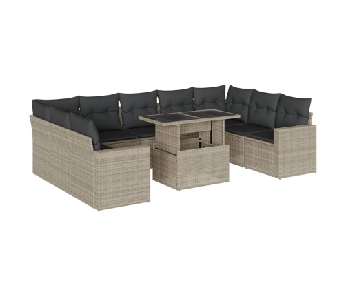 vidaXL 10-daļīgs dārza dīvāna komplekts ar matračiem, pelēka PE pinums