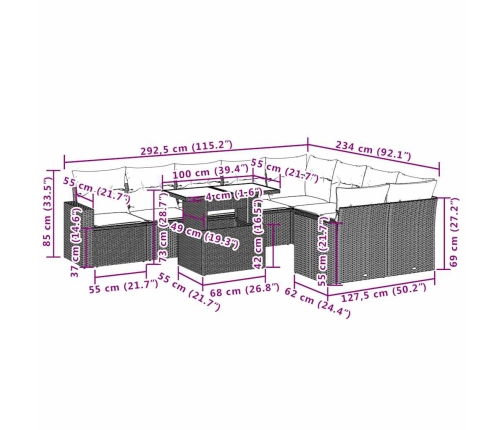 vidaXL 10-daļīgs dārza dīvāna komplekts, matrači, bēša PE rotangpalma