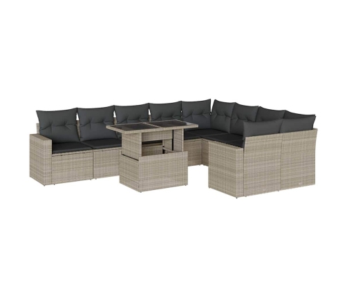 vidaXL 10-daļīgs dārza dīvāna komplekts ar matračiem, pelēka PE pinums