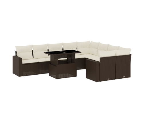 vidaXL 10-daļīgs dārza dīvāna komplekts, matrači, brūna PE rotangpalma