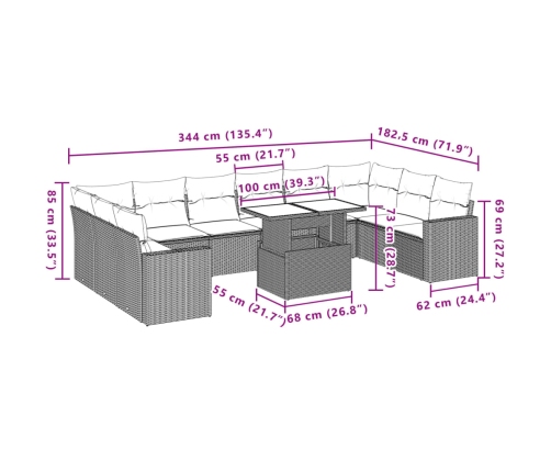 vidaXL 11-daļīgs dārza dīvāna komplekts, matrači, brūna PE rotangpalma