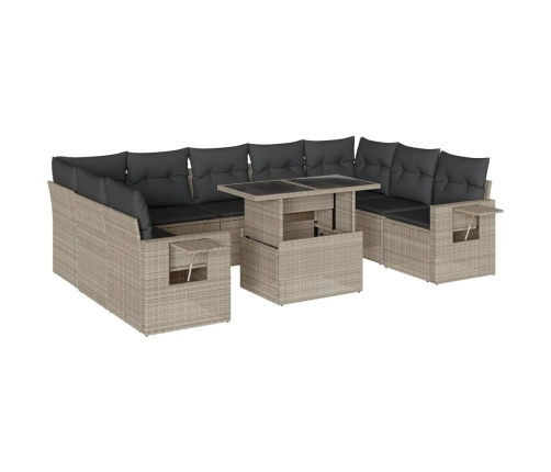 vidaXL 10-daļīgs dārza dīvāna komplekts ar matračiem, pelēka PE pinums