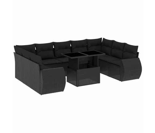 vidaXL 10-daļīgs dārza dīvāna komplekts, matrači, melna PE rotangpalma