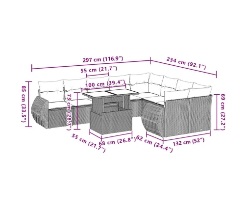 vidaXL 10-daļīgs dārza dīvāna komplekts, matrači, melna PE rotangpalma