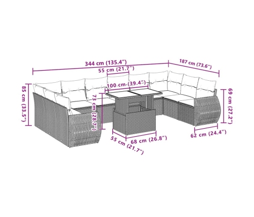 vidaXL 11-daļīgs dārza dīvāna komplekts, matrači, melna PE rotangpalma