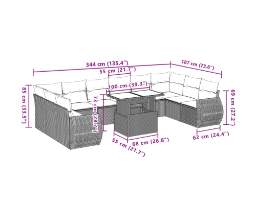 vidaXL 11-daļīgs dārza dīvāna komplekts, matrači, melna PE rotangpalma
