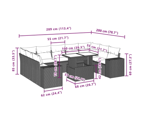 vidaXL 10-daļīgs dārza dīvāna komplekts, matrači, melna PE rotangpalma