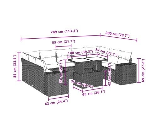 vidaXL 10-daļīgs dārza dīvāna komplekts ar matračiem, pelēka PE pinums