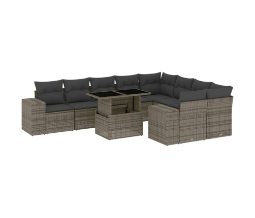 vidaXL 10-daļīgs dārza dīvāna komplekts ar matračiem, pelēks PE pinums