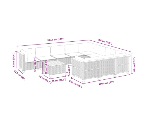11-Daļīgs Dārza Dīvāna Komplekts, Matrači, Melna Pe Rotangpalma Vidaxl