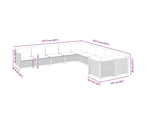 vidaXL 10-daļīgs dārza dīvāna komplekts, matrači, melna PE rotangpalma