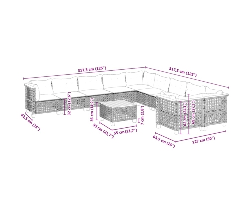 11-Daļīgs Dārza Dīvāna Komplekts, Matrači, Bēša Pe Rotangpalma Vidaxl