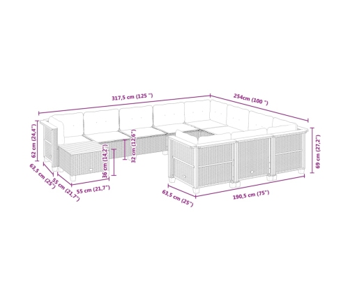 vidaXL 11-daļīgs dārza dīvāna komplekts, matrači, melna PE rotangpalma