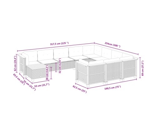 11-Daļīgs Dārza Dīvāna Komplekts Ar Matračiem, Pelēks Pe Pinums Vidaxl