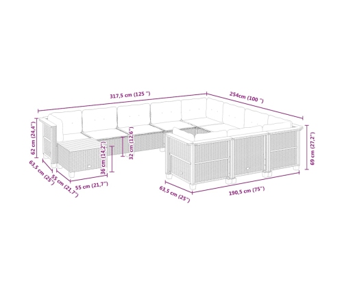 vidaXL 11-daļīgs dārza dīvāna komplekts, matrači, bēša PE rotangpalma