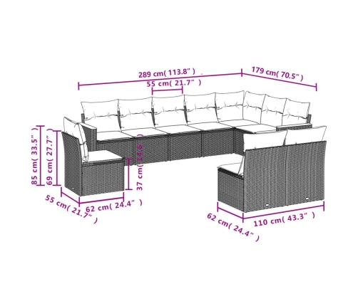 vidaXL 10-daļīgs dārza dīvāna komplekts ar matračiem, pelēks PE pinums